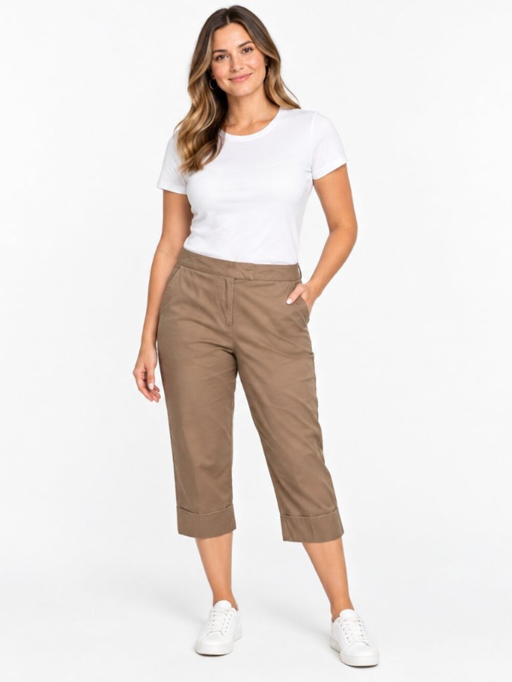 Anne Klein Womens Petite Size 6 P Beige Cuffed Capri Cropped Straight Pants